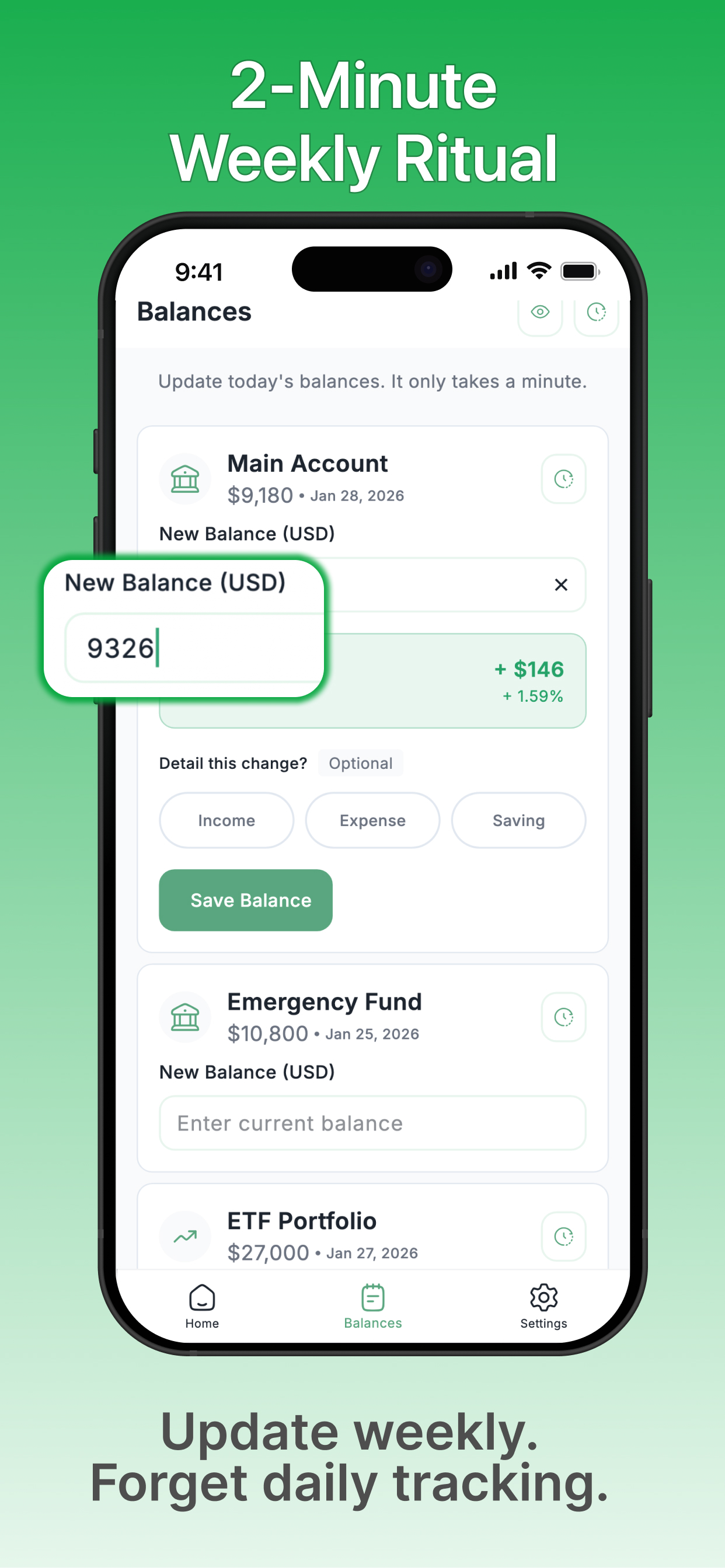 Calm Wealth Journey - Journal view for updating assets